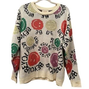 Listicle Graphic Women's Crew Neck Sweater Smiley Faces Colorful Oversized Sz S